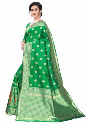 Green Woven Jacquard Saree With Blouse 2