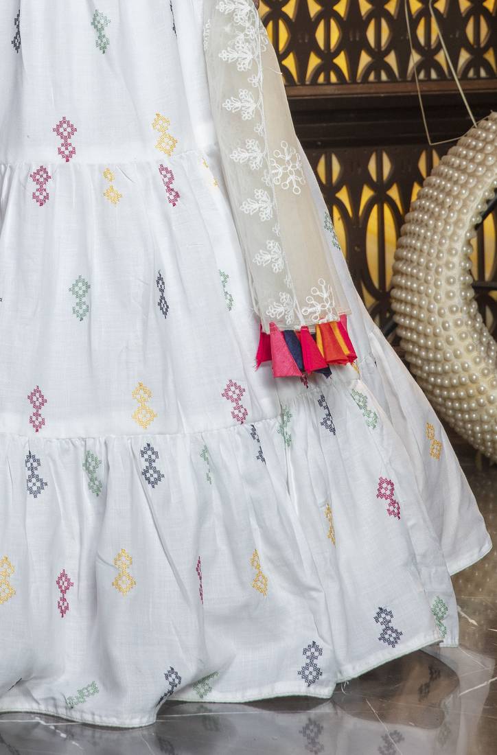 White embroidered cotton Semi Stitched bridal lehenga