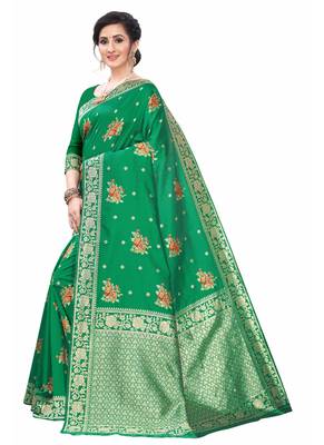 Green woven jacquard saree with blouse 2