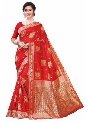Red Woven Jacquard Saree With Blouse 1