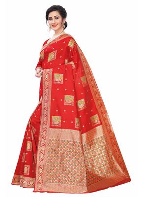 Red Woven Jacquard Saree With Blouse 2