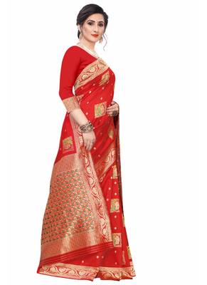 Red Woven Jacquard Saree With Blouse 3