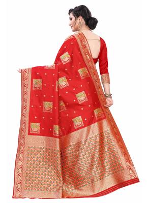 Red Woven Jacquard Saree With Blouse 4