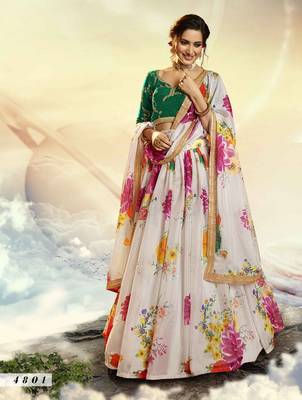 White printed organza semi stitched lehenga 1