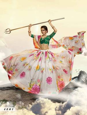 White printed organza semi stitched lehenga 2