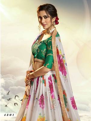 White printed organza semi stitched lehenga 3