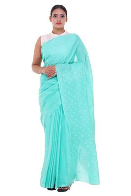 Lavangi Sea Green Lucknow Chikankari Hand Embroidered Keel Work Cotton Saree with Blouse 1