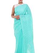 Lavangi Sea Green Lucknow Chikankari Hand Embroidered Keel Work Cotton Saree with Blouse