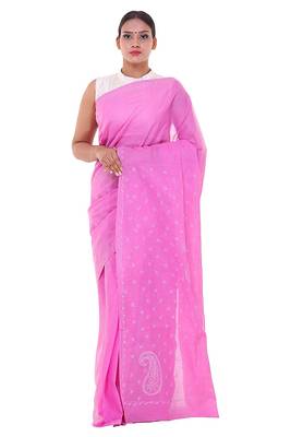 Lavangi Onion Pink Lucknow Chikankari Hand Embroidered Keel Work Cotton Saree with Blouse 1