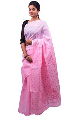 Lavangi Pink Lucknow Chikankari Maroon Thread Hand Embroidered Keel Work Cotton Saree with Blouse 1