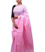 Lavangi Pink Lucknow Chikankari Maroon Thread Hand Embroidered Keel Work Cotton Saree with Blouse