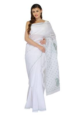 Lavangi White Lucknow Chikankari embroidered cotton saree with blouse 1