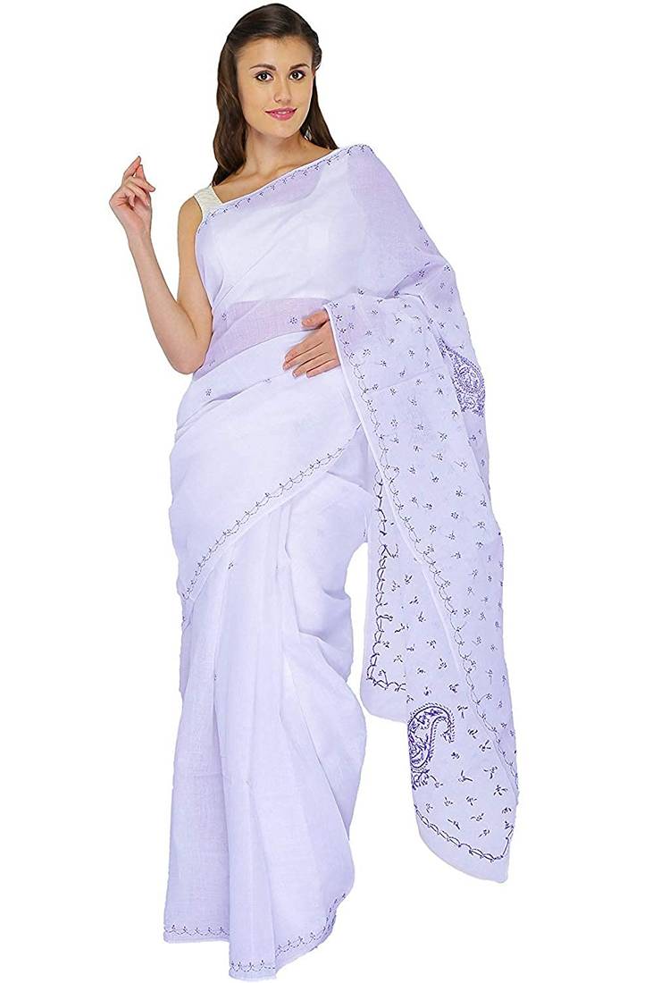 Lavangi White Lucknow Chikankari  embroidered cotton saree with blouse