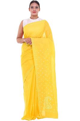 Lavangi Yellow Lucknow Chikankari Hand Embroidered Keel Work Cotton Saree with Blouse 1