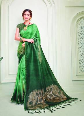 Green printed silk blend saree with blouse 1
