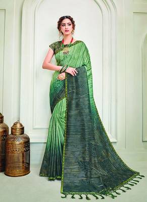 Green printed silk blend saree with blouse 1