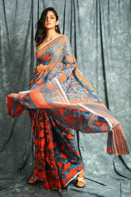 Grey woven blended cotton saree  1