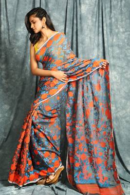 Grey woven blended cotton saree  2