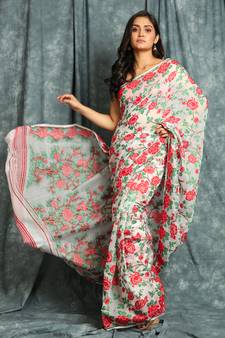 White Woven Blended Cotton Saree Without Blouse