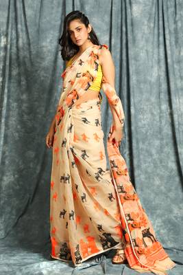 Orange woven blended cotton saree  1