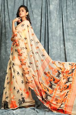 Orange woven blended cotton saree  2