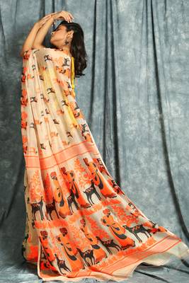 Orange woven blended cotton saree  3