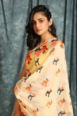 Orange woven blended cotton saree  4