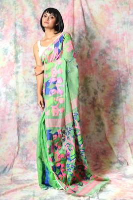 Green Woven Blended Cotton Saree Without Blouse 1