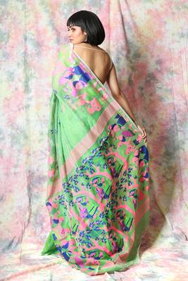Green Woven Blended Cotton Saree Without Blouse 3