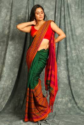 Green woven blended cotton saree with blouse 1