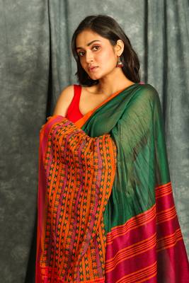 Green woven blended cotton saree with blouse 4