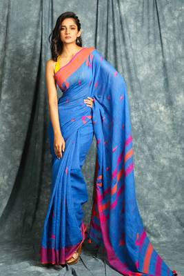 Blue woven blended cotton saree with blouse 1