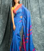Blue woven blended cotton saree with blouse