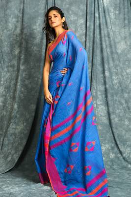 Blue woven blended cotton saree with blouse 2