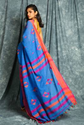 Blue woven blended cotton saree with blouse 3