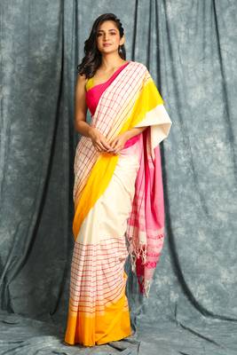 White woven blended cotton saree with blouse 1