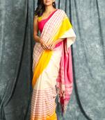 White woven blended cotton saree with blouse