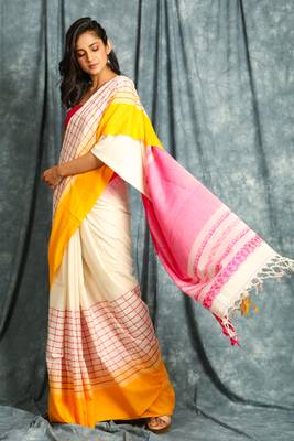 White woven blended cotton saree with blouse 2