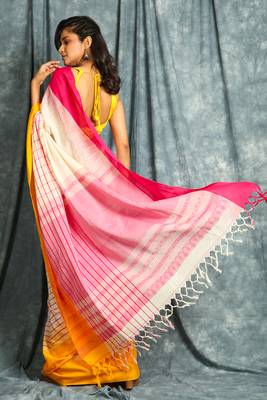White woven blended cotton saree with blouse 3