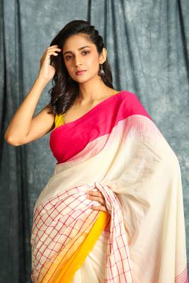 White woven blended cotton saree with blouse 4