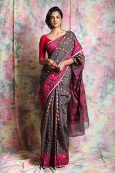 Grey Woven Blended Cotton Saree Without Blouse