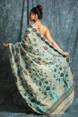 Beige woven blended cotton saree  3