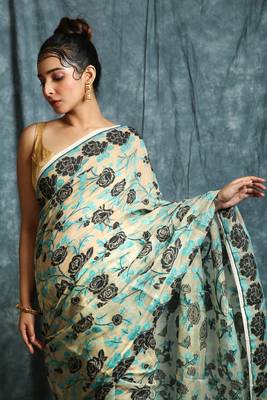 Beige woven blended cotton saree  4