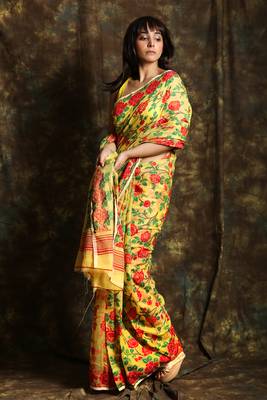 Yellow woven blended cotton saree  1