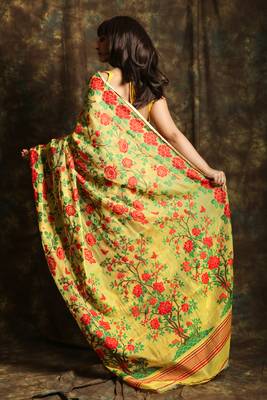 Yellow woven blended cotton saree  3