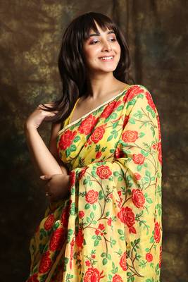 Yellow woven blended cotton saree  4
