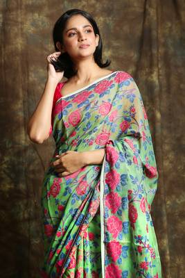 Light green woven blended cotton saree  4