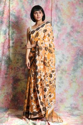 Light yellow woven blended cotton saree  1