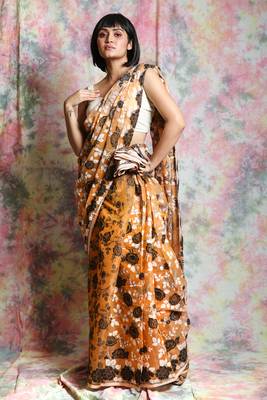 Light yellow woven blended cotton saree  2