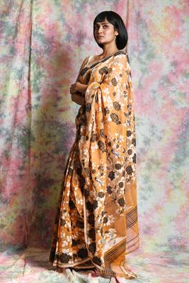 Light yellow woven blended cotton saree  3